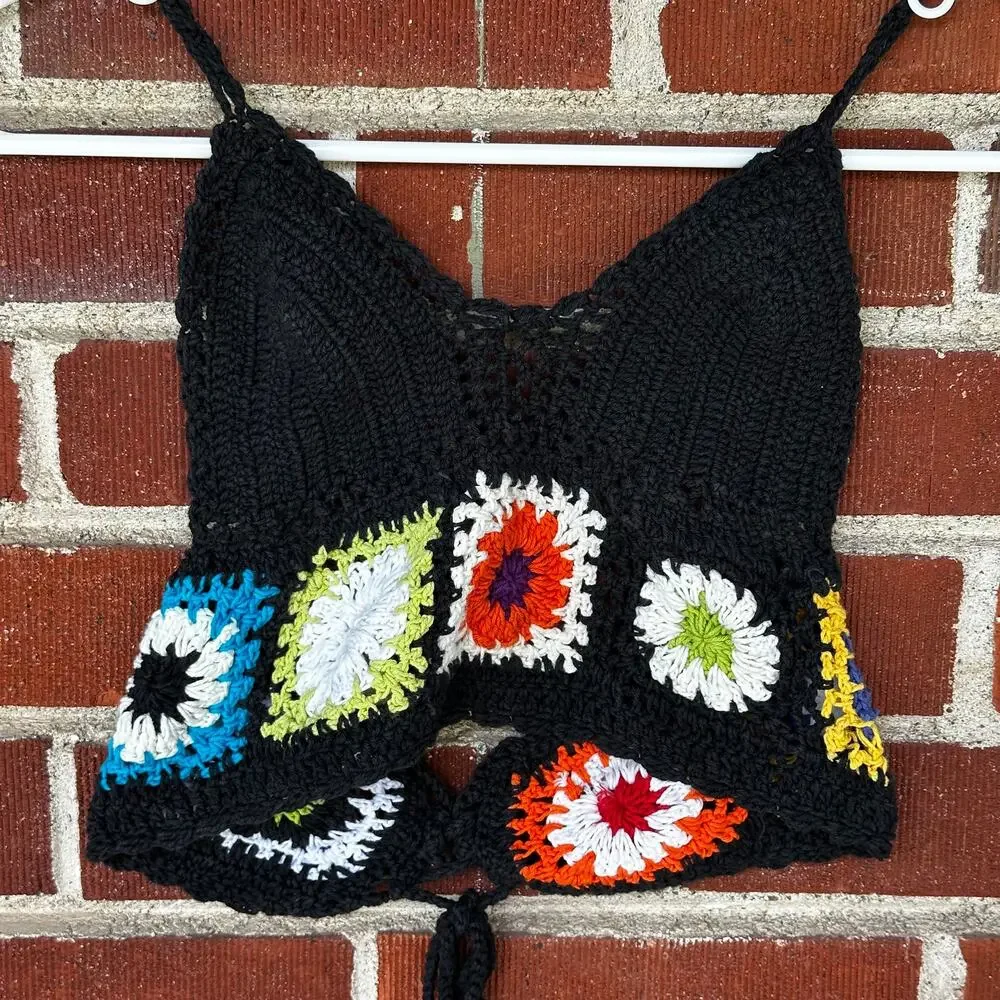 Handmade Crochet Granny Square Halter Crop Top Boho Festival Knit Tank - Picture 2 of 3